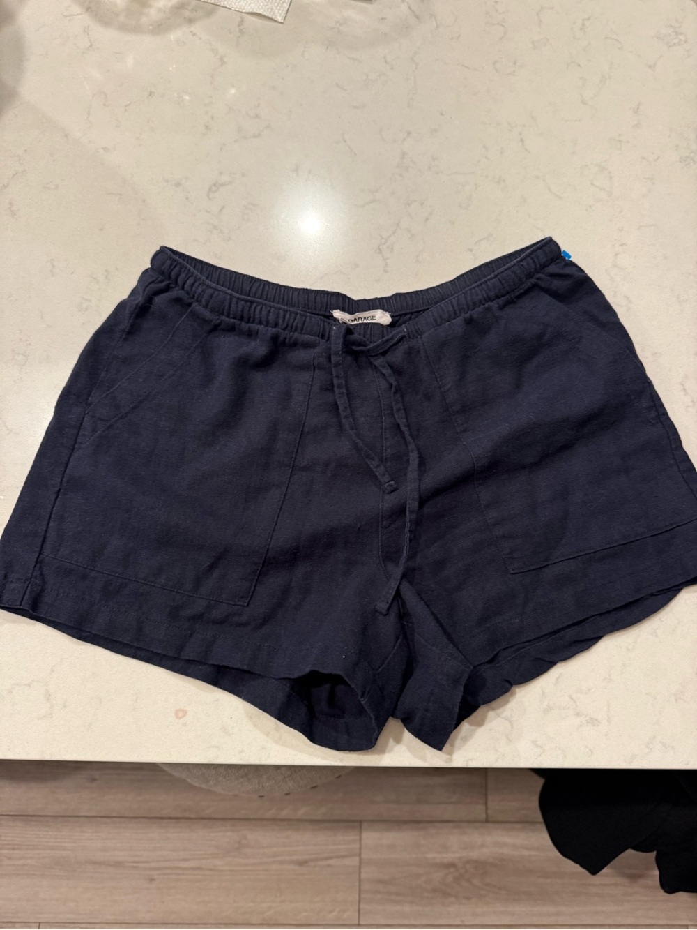 Garage Navy Linen Blend Drawstring Pocket Shorts XS